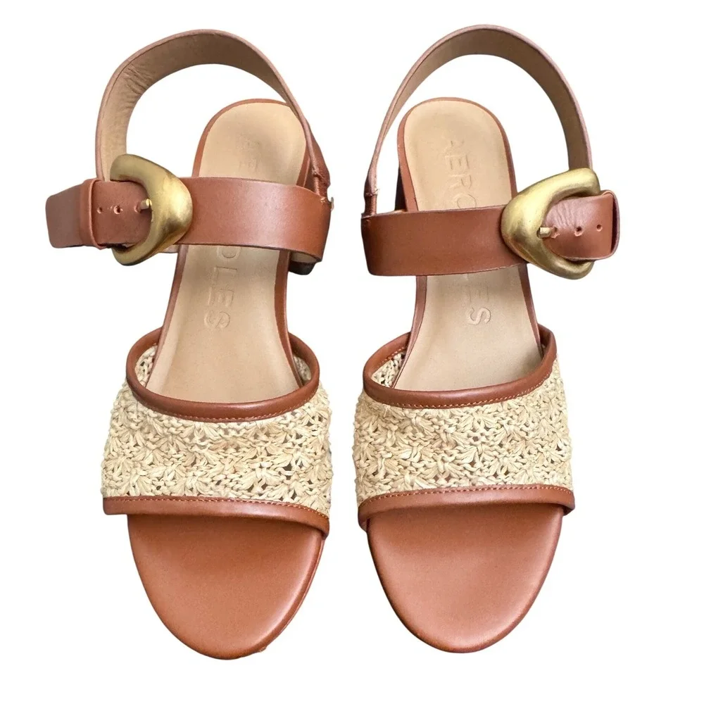 Aerosoles Chamber Raffia Platform Block Heel Sandals Natural Cognac Women's 10.5